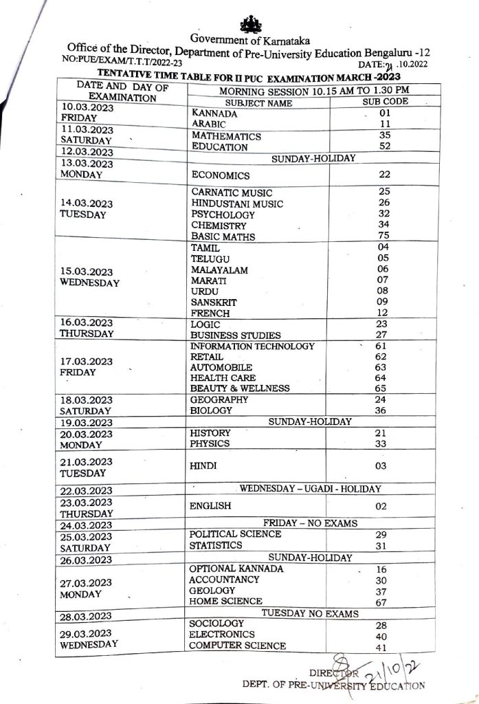 Karnataka PUC Time Table 2024 Download KSEEB 1st & 2nd PUC Exams