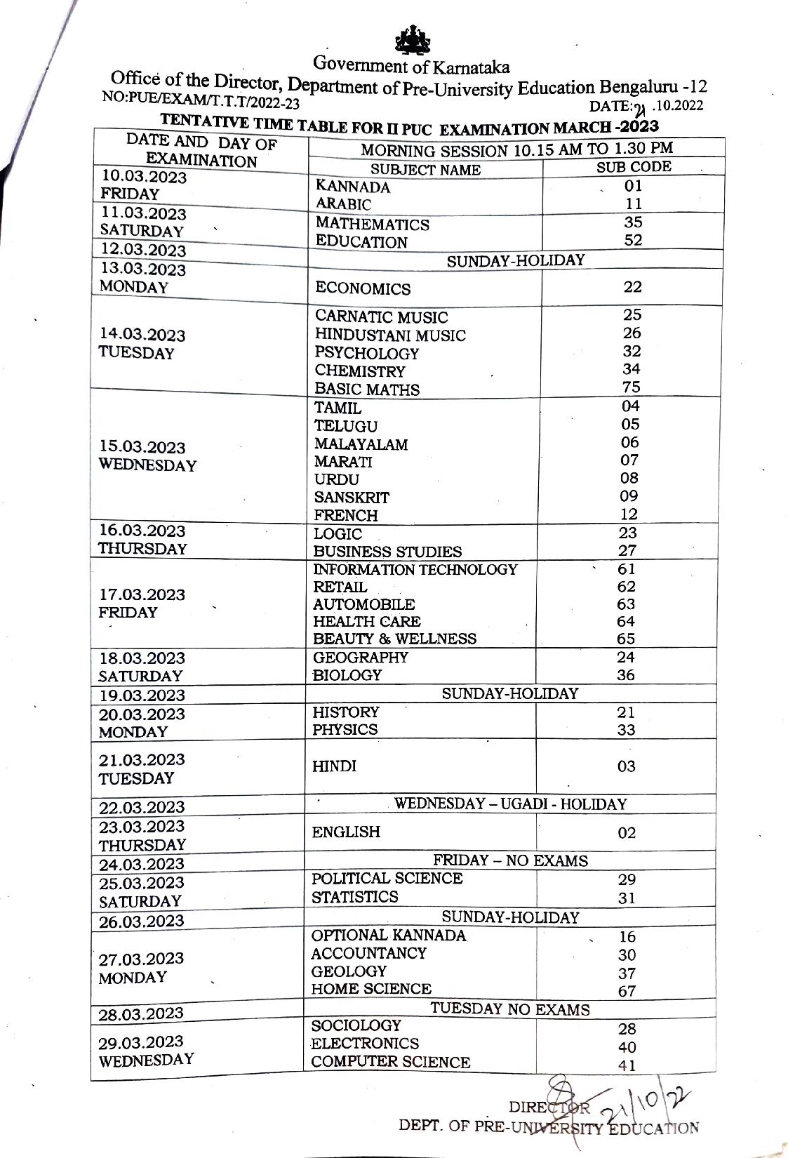 2nd PUC Time Table 2023 Karnataka