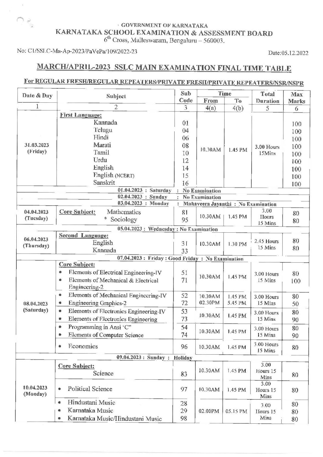 Karnataka SSLC Time Table 2024 Download KSEEB 10th Class Schedule