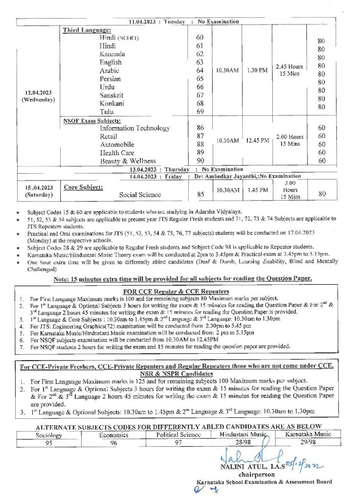 Karnataka SSLC Supplementary Time Table 2024 Download KSEEB 10th